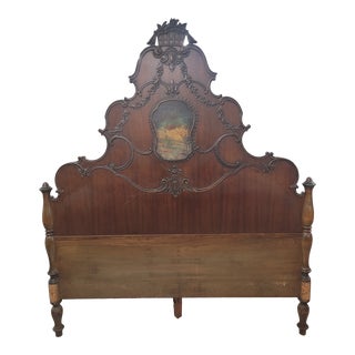 1920s Tall Floral Carved Hand Painted Headboard For Sale