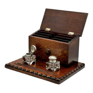 Beautiful Antique English Edwardian Oak & Cut Crystal Combination Inkwell & Letter Box - Circa Early 1900s