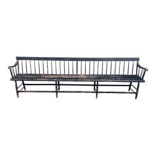 19thC Early American Spindle Back Deacons Bench or Windsor Settee 9ft Long For Sale