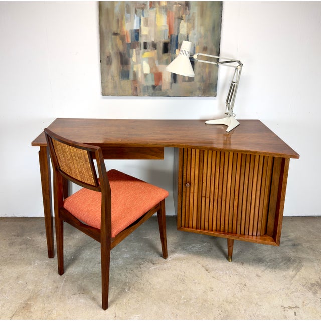 Mid Century Modern Walnut Tambour Door Writing Desk & Chair Trapezoidal Top For Sale - Image 12 of 12