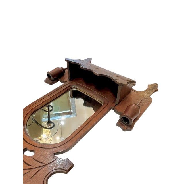 Wood Antique Tramp Art Carved Wood Mirror With Candleholders and Pocket For Sale - Image 7 of 13