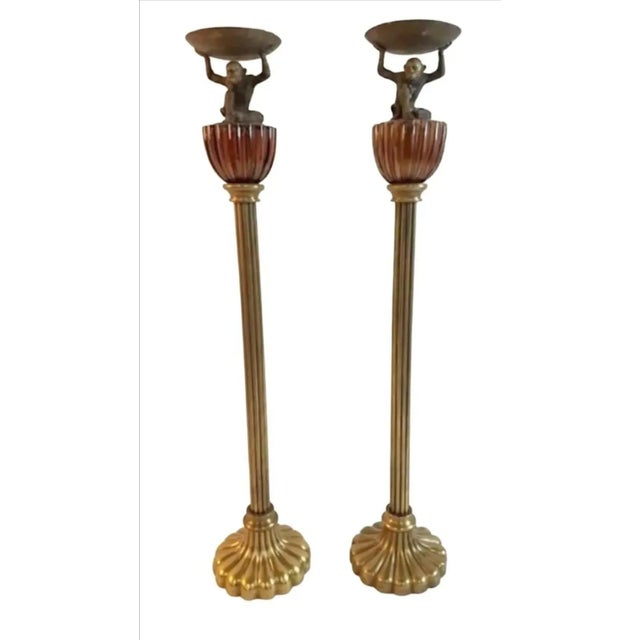 Brass Vintage Ornate Tall Fluted Scalloped Brass Candle Torchières With Monkey - A Pair For Sale - Image 8 of 8