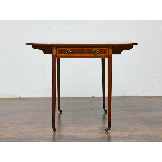 Early 19th Century Regency Mahogany Pembroke Table with Satinwood Inlay and Casters For Sale - Image 10 of 12
