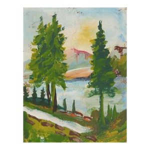 Early 20th Century Tiny Mountain Lake Landscape Painting