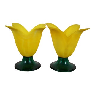 Late 20th Century Studio Nova Portugal Yellow Frosted Glass Tulip Daffodil Votive Candle Holders - a Pair For Sale
