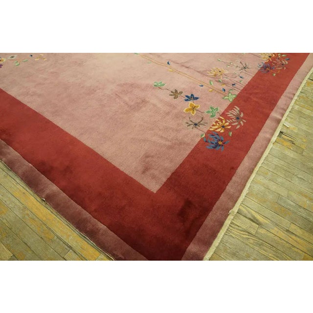 1920s Pink Rose Open Floral Vase Antique Chinese Art Deco Carpet 9' X 11' 7" Knotted Wool Rug For Sale In New York - Image 6 of 12