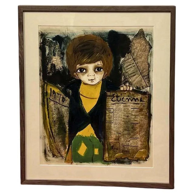 Yellow Collage and Watercolor of a Newsboy by Roger Etienne For Sale - Image 8 of 8