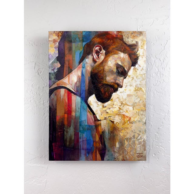 In "The Space Between," a contemplative figure emerges from a rich tapestry of colors and textures, capturing a moment of...