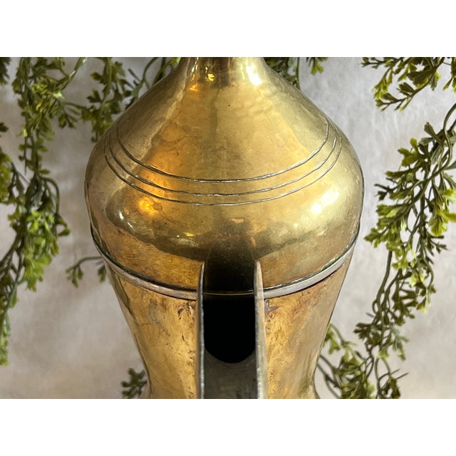 Brass Large Antique Hand Crafted Arabian Dallah Coffee Urn 16" Middle Eastern Brass Plated Coffee Pot Hinged Lid Hand Woven Leather Handle Worn For Sale - Image 8 of 15