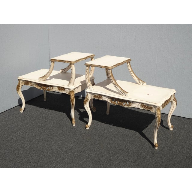 Pair Vintage French Provincial Off White & Gold 2 Tier End Tables
