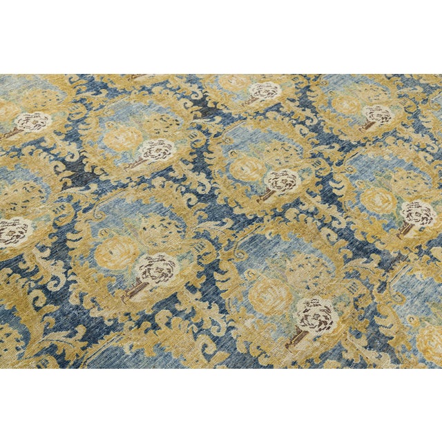 Antique Mahal Rug With Muted Ochre and Indigo Blue Floral Medallions For Sale - Image 11 of 12