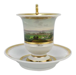 Early 19th Century Biedermeier Period Topographical Porcelain Cup and Saucer