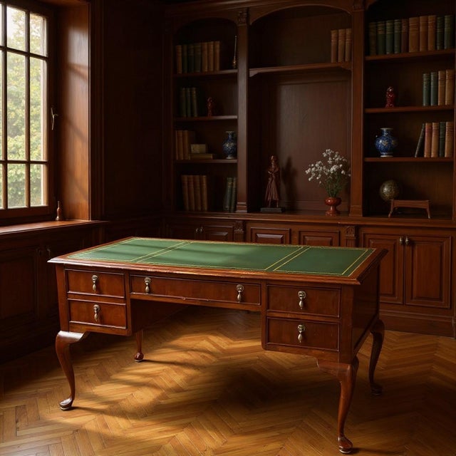Vintage Sligh Solid Mahogany Queen Anne Writing Desk – Green Leather Top For Sale - Image 15 of 15