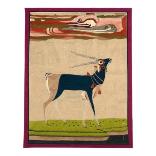 Vintage Silk Embroidered Antelope Textile Wall Hanging | Minimalist Mughal Inspired Animal Art For Sale