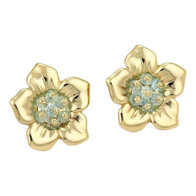 Aquamarine Beads 18k Yellow Gold Floral Post Clip Earrings - 2 Pieces For Sale