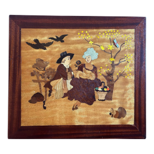 Vintage Handmade Inlaid Wood Plaque of French Courting Lovers on Bench