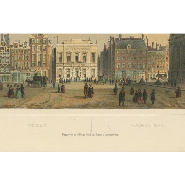 Antique View of Dam Square, Amsterdam, Hand-Colored Lithograph c.1850 : This elegant hand-colored lithograph titled De Dam...