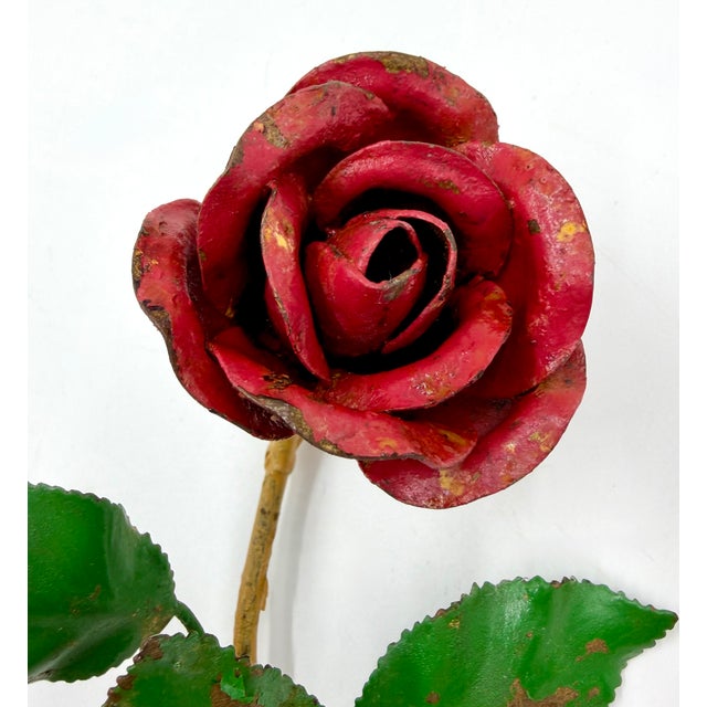 A beautiful Mid-Century Italian tole hand painted red rose with green leaves hook. This lovely flower hanger would be...