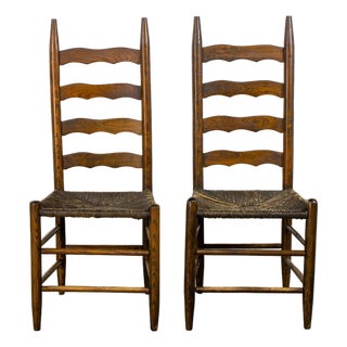 Late 19th to Early 20th Century Pair of French Country Style Oak Ladderback Chairs Twisted Papercord Seats For Sale