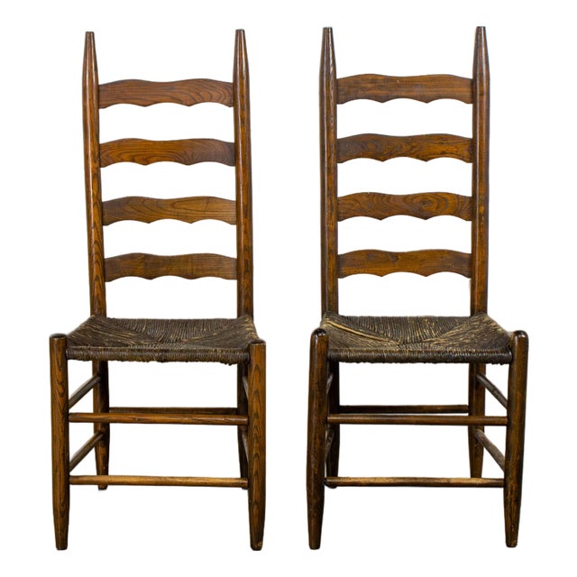 Late 19th to Early 20th Century Pair of French Country Style Oak Ladderback Chairs Twisted Papercord Seats For Sale