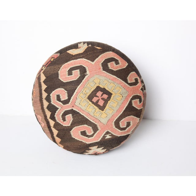 Handwoven Vintage Kilim Upholstered Ottoman Stool | Tribal Wool Footstool With Wooden Legs For Sale - Image 4 of 8