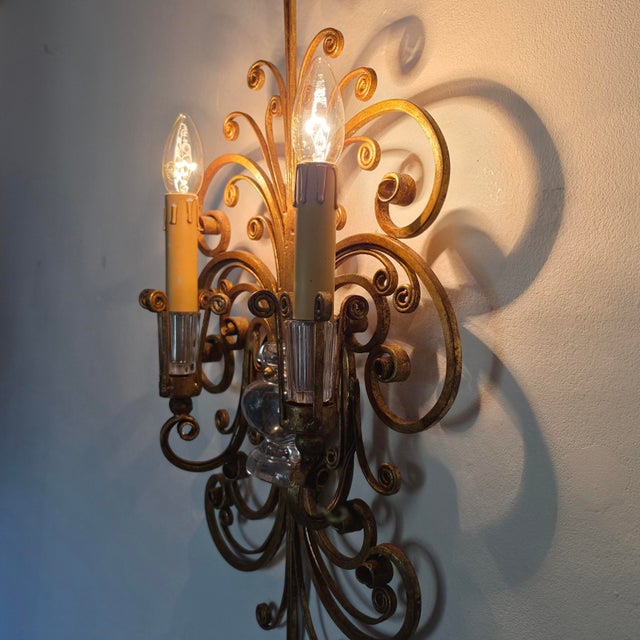 Two-Armed Wall Lamp in Iron and Crystal Glass in the style of Maison Baguès, France, 1950s For Sale - Image 12 of 15