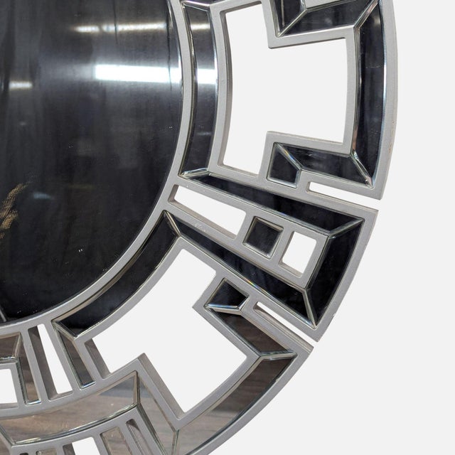 2000 - 2009 Wood and Beveled Glass Round Mirror With Geometric Wood Border For Sale - Image 5 of 5