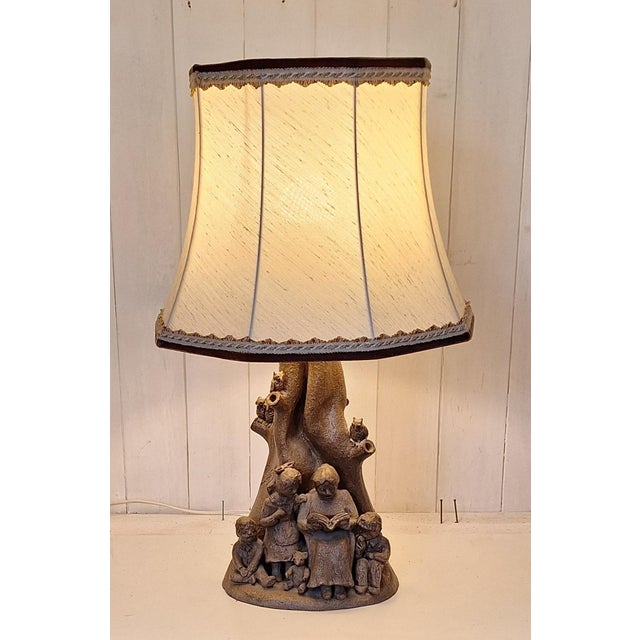 Textile Vintage Figurative Table Lamp in Brown Ceramic with Original Fabric Shade, 1980s For Sale - Image 7 of 7