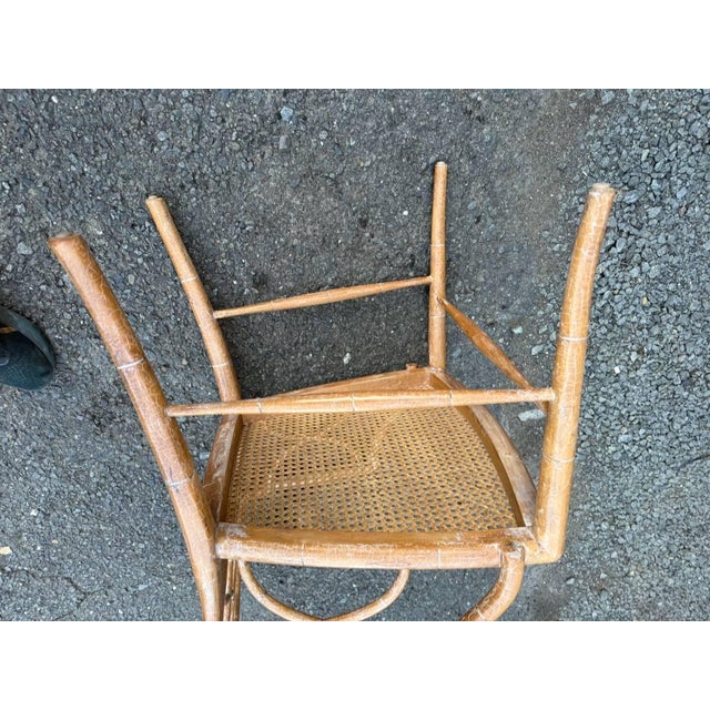 Vintage McGuire Style Faux Bamboo Rattan Spider Web Design Cracked Ice Caned Seat Armchair For Sale - Image 12 of 17