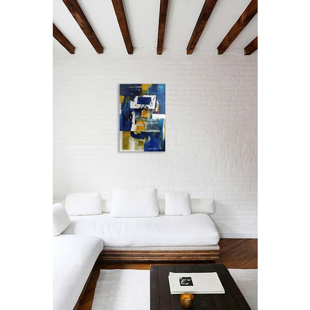 Thinking Head is an abstract composition structured through layered blocks of Prussian blue, ultramarine, ochre, and...