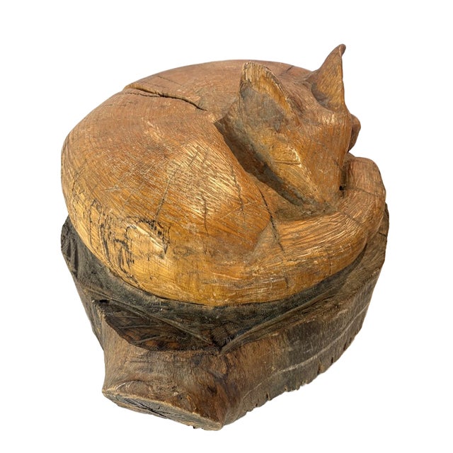 Wood Vintage Hand Carved Sleeping Fox/Cat Log Sculpture For Sale - Image 7 of 11