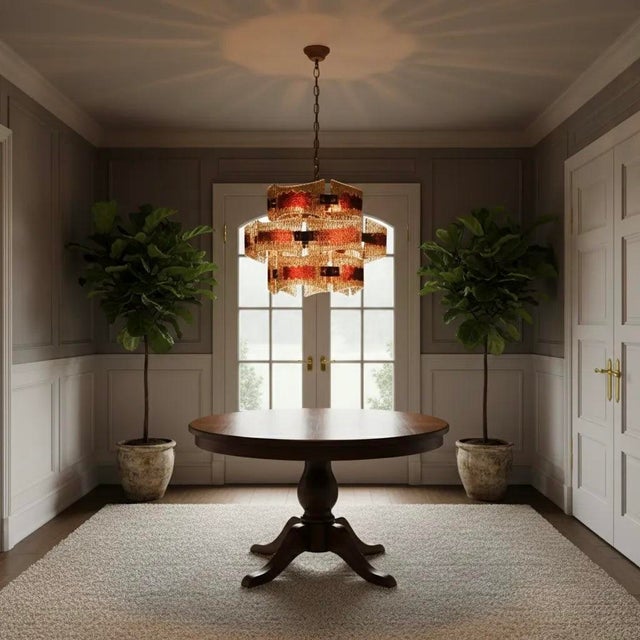 Metal Italian Amber & Ruby Textured Glass Chandelier in Brass, 1970s For Sale - Image 7 of 7