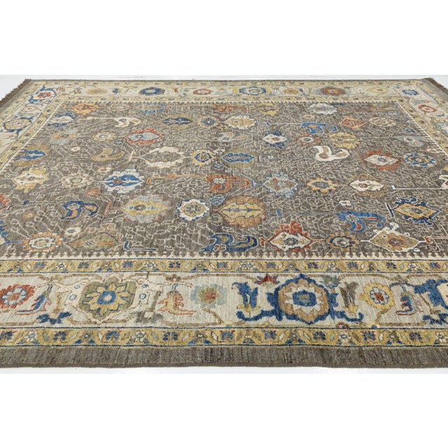 Gray Modern Oushak Style Hand-Knotted Wool Rug in Taupe, Indigo, and Ochre Accents For Sale - Image 8 of 12