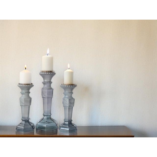 French Country Large French Glass Pillar Candleholders, Set of 3 For Sale - Image 3 of 3