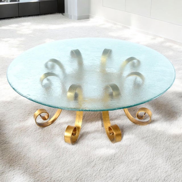 Gold Wrought Iron Scroll Round Coffee Table With Rippled Glass For Sale - Image 10 of 11