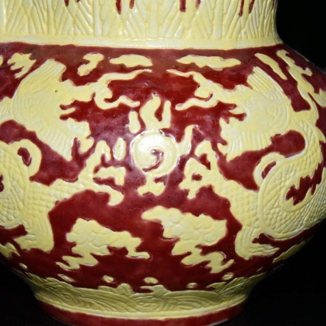Ceramic Mid 20th Century Chinese Red & Yellow Wucai Monk’s Cap Ewer, Chinese Dragon Pattern Porcelain Pitcher For Sale - Image 7 of 9