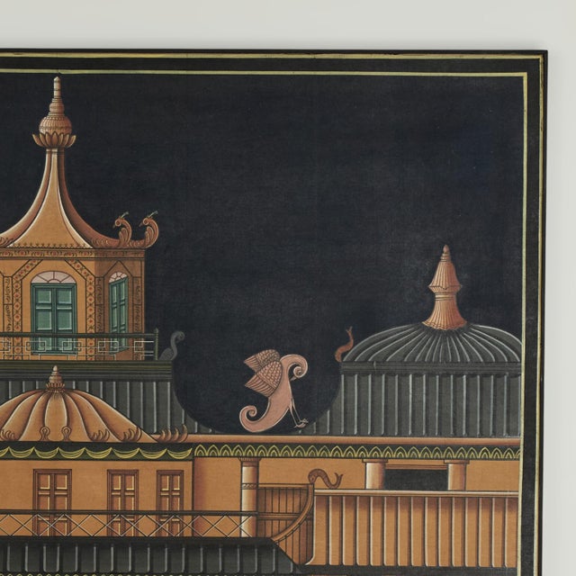 Vintage Modernist Architectural Painting With Pagoda For Sale - Image 4 of 9