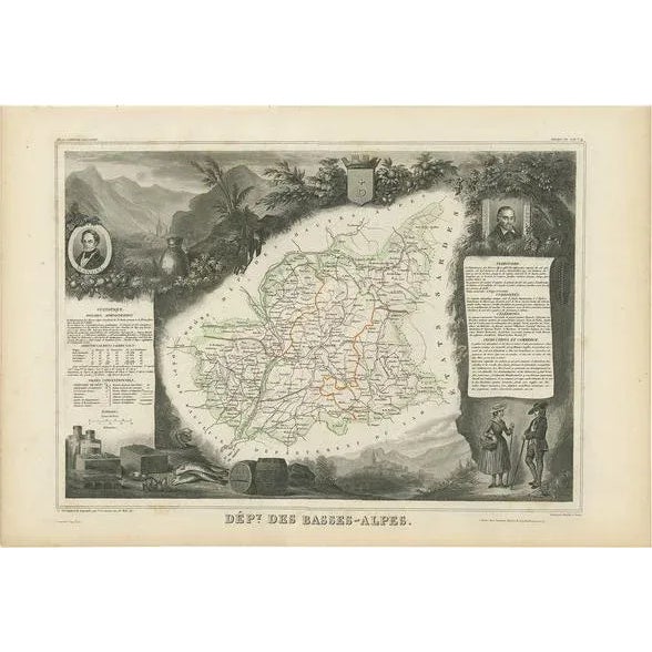 Mid 19th Century Antique Map of Basses-Alpes in France attributed to V. Levasseur, 1854 For Sale - Image 5 of 5