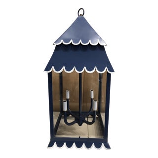 Scalloped Navy Blue Hanging Lantern For Sale