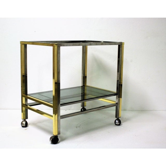 Mid-Century Modern Vintage Brass & Chrome Two Tier Bar Trolley, 1970s For Sale - Image 3 of 9