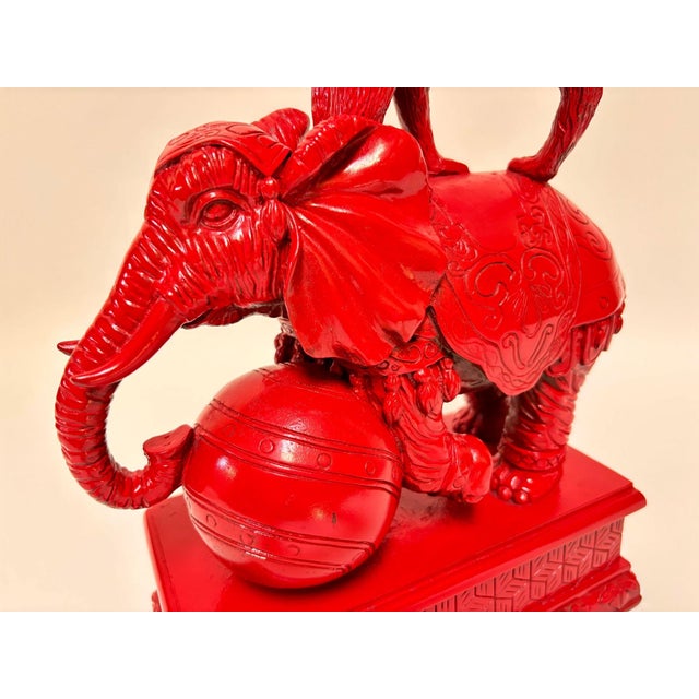 Hollywood Regency Chinoiserie Red Elephant & Monkey Sculpture Glossy Resin 1970s For Sale - Image 9 of 15