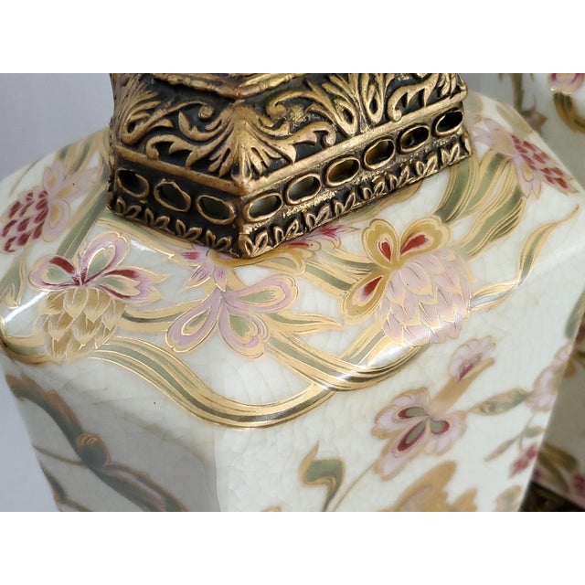 Metal Restored Vintage Chinese Lamps Crackled Porcelain With Flowers and Leaves - A Pair For Sale - Image 7 of 17