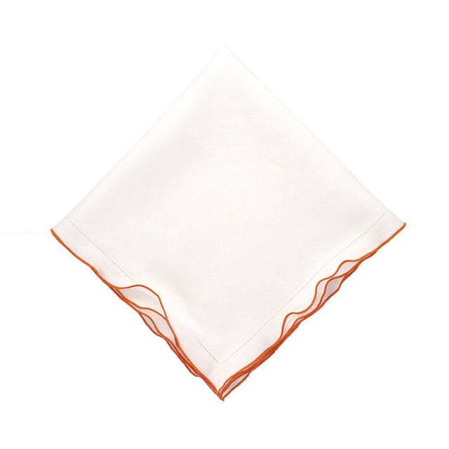 Textile White Linen Napkins With Orange Ruffled Hemstitch Edges, Set of 4 For Sale - Image 7 of 11