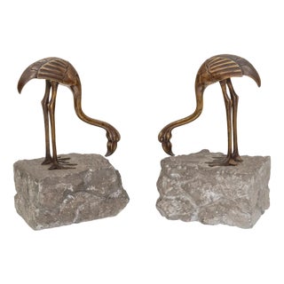 20th Century Art Deco Crane-Shaped Bookends in Stone and Gilt Bronze, Set of 2 For Sale