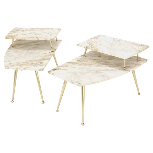 Pair of Asymmetrical Wedge Two Tier Marble Top Tapered Brass Legs Side End Table For Sale - Image 13 of 13