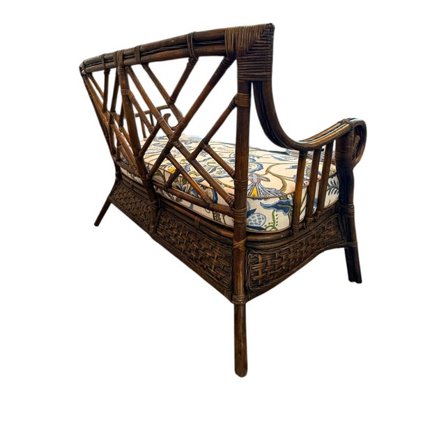 Wood Vintage Chippendale-Style Bamboo Rattan Settee For Sale - Image 7 of 11