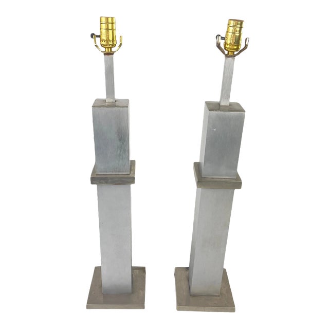Mid Century Laurel Brushed Steel City Scape Lamps - a Pair For Sale