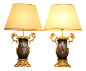 Baroque Gilt Bronze and Floral Porcelain Lamps, France, 19th Century, Set of 2