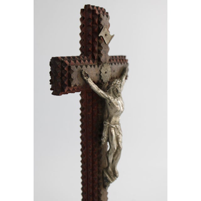 Late 19th Century Rare Antique French Tramp Art Standing Crucifix, Hand Carved Folk Art For Sale - Image 5 of 15