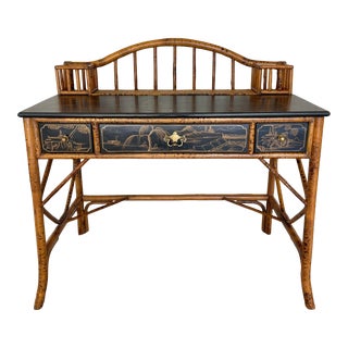 Mid 20th Century Vintage Chinoiserie Bamboo Black Lacquer Desk For Sale